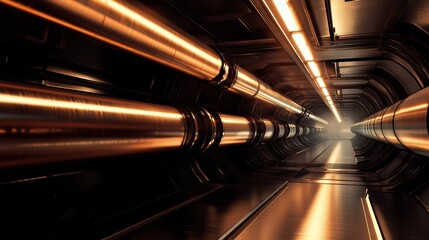 Poster - Long metallic pipelines extending into the distance create a striking perspective in an industrial setting. Generative AI