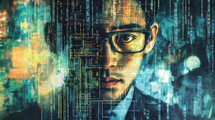 Watercolor-style artwork of a tech-savvy developer, surrounded by swirling lines of digital code and abstract binary patterns, cool color palette, detailed textures