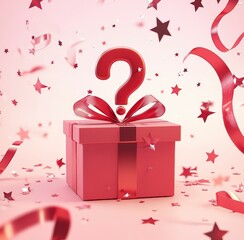 Wall Mural - red gift box with question mark, ribbons and confetti, mystery surprise present
