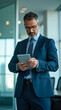 © lina - focused businessman in a dark blue suit attentively reviewing his tablet