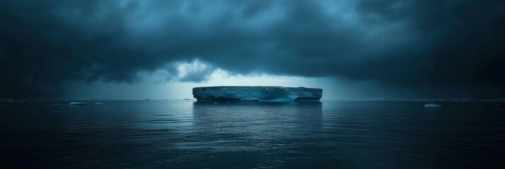 Fototapete - Melting iceberg floats in dark blue waters under an expansive empty sky with contrasting clouds. Generative AI