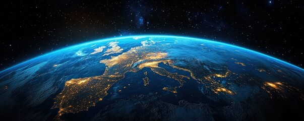 Earth from Space European Continent Night View with City Lights and Vibrant Oceans