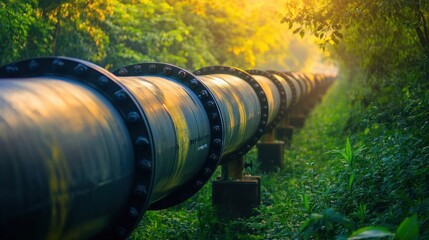 Poster - Gas pipelines extend through a vibrant green forest at sunrise, enhancing natural landscapes. Generative AI