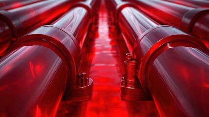 Leinwandbilder - Long pipelines extending into the horizon with metallic surfaces reflecting light in an industrial setting. Generative AI