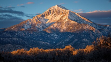 Wall Mural - Majestic snow-capped mountain peak at sunset, golden autumn foliage in foreground.