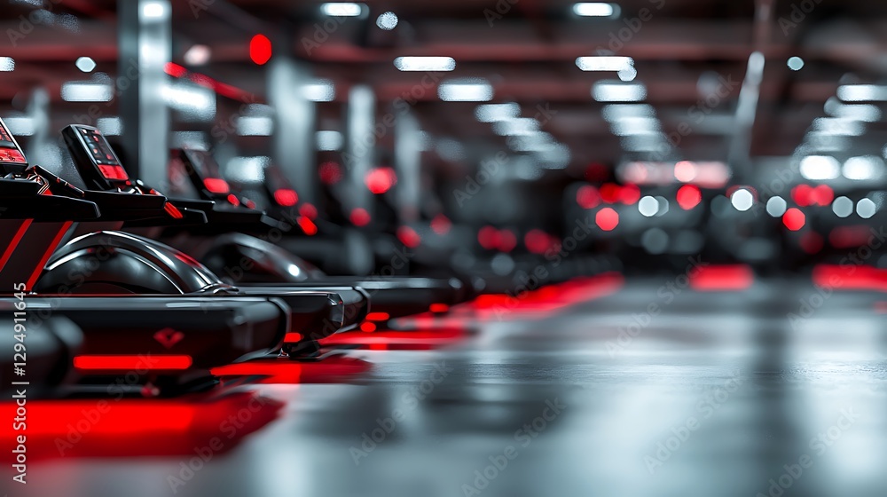 Sleek treadmills in a modern gym illuminated with red neon lights ...
