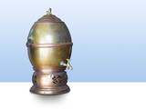 antique brass water cooler on white floor, gradient blue and white background