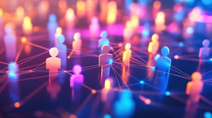 Aufkleber - Colorful 3D avatars connected through glowing lines represent digital interactions in a vibrant virtual space. Generative AI