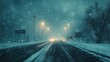 © angelmaxmixam - Snow storm on road. Cars driving through heavy snow. Winter season weather. Snowflakes falling down. Highway with snow. Cold weather scene.