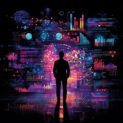Poster - Data Visualization and the Future: Silhouette of a Figure Amidst Complex, Abstract Graphs and Networks
