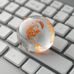 Leinwandbilder - Global Connectivity: A Crystal Globe Reflecting the Digital Age on a Modern Keyboard