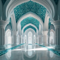 Aufkleber - Magnificent Arabesque Hall with Intricate Arches, Azure Accents, and Polished Marble Floors Reflecting Light.