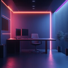 Poster - Modern Workspace with Neon Accents: A Sleek Office Environment Enhanced by Vibrant Lighting