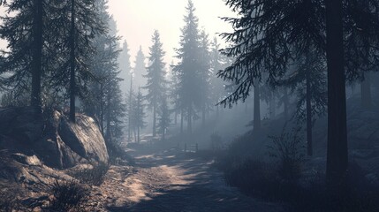 Wall Mural - Misty forest path with tall pine trees and rocks.