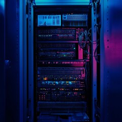 Leinwandbilder - Server Room: A Close-Up of Networking Hardware and Data Storage in a Modern Data Center with Blue and Pink Lighting