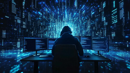 hacking technology concept of a backview hacker wear hoodie using a computers with multiple screens, Cybersecurity virus, computers attack to server, personal data information