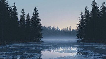 Wall Mural - Misty sunrise over frozen lake with silhouetted pine trees.