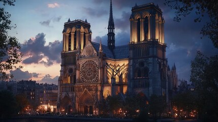 Wall Mural - Illuminated Notre Dame Cathedral at dusk, showcasing its Gothic architecture and surrounding cityscape.