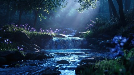 Wall Mural - Magical forest stream at dusk with purple flowers.