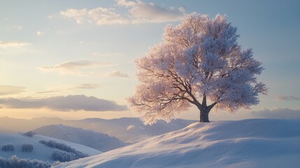 Wall Mural - Solitary snow-covered tree on a snowy hill at sunset.