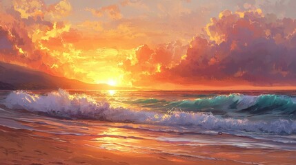 Wall Mural - Vibrant sunset over ocean waves crashing on sandy beach.