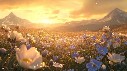 Wall Mural - Sunlit field of wildflowers at sunset, majestic mountains in background.