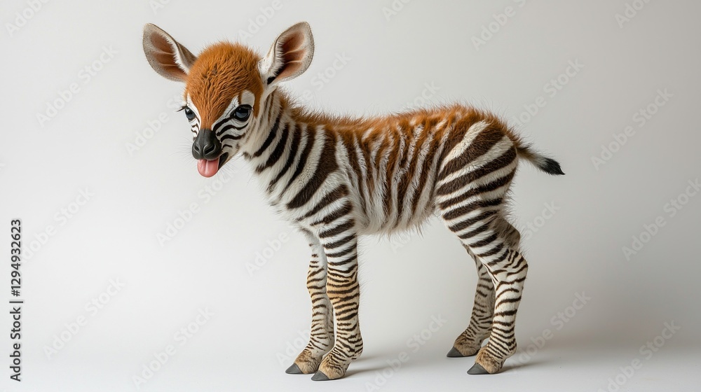 baby okapi stands out its soft brown coat and zebra like legs on plain ...