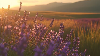 Wall Mural - Golden hour sunset over a lavender field.