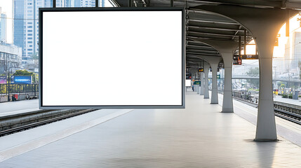 Wall Mural - Empty subway station large blank white screen hanging billboard