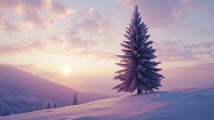 Wall Mural - Snowy mountain sunrise with a frosted pine tree.