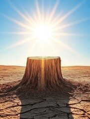 Aufkleber - Bright sunlight shines over cracked earth and a lone tree stump in a dry desert landscape. Generative AI