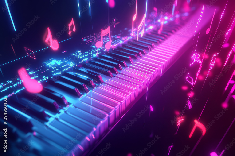 A surreal 3D music background with a floating neon piano keyboard ...