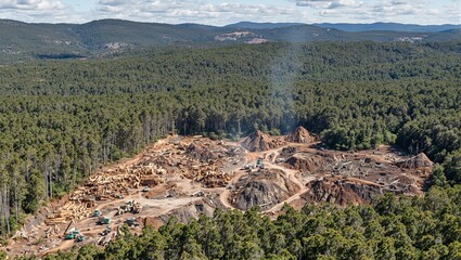 Wall Mural - Aerial view of efficient logging activity with trees being cut down piles of logs and a transformed landscape due to deforestation