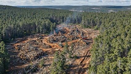 Wall Mural - Aerial view of efficient logging activity with trees being cut down piles of logs and a transformed landscape due to deforestation