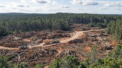 Wall Mural - Aerial view of a deforested logging site with stacked trees highlighting environmental impact and industrial activities