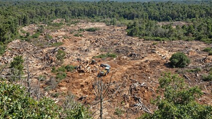 Wall Mural - Destruction of a forest with felled trees logging equipment and barren land emphasizing environmental impact and deforestation consequences