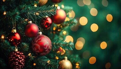 Wall Mural - Close-up of a Christmas tree with red and gold ornaments glowing with lights against a vibrant green bokeh background celebrating the festive holiday season