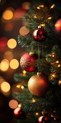 Wall Mural - Close-up of a Christmas tree with glowing ornaments and festive lights creating a colorful holiday atmosphere