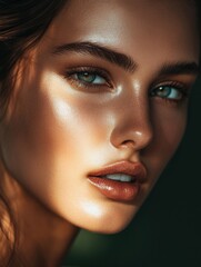Poster - Stunning close up of a woman showcasing radiant skin and captivating eyes in artistic lighting. Generative AI