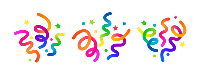 Poster - Vector Color Confetti Set. Birthday Party and Carnival Celebration 3D Abstract Element. Fireworks Icons with Gradient Lines, Stars and Swirl Ribbons. Fun Firecracker Explosion Illustration