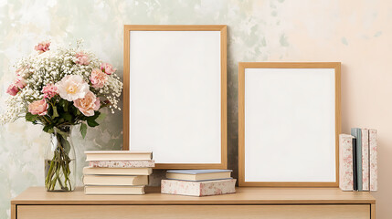 Wall Mural - Blank picture frames next to a vase with flowers and books, assorted accessories on a dresser in the bedroom