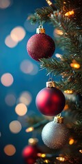 Close-up of a Christmas tree with red and silver ornaments glowing lights and bokeh stars in a cozy holiday atmosphere