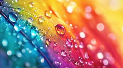 Poster - Close up of colorful rainbow droplets on a vibrant surface illustrating refreshment and beauty, perfect for nature and artistic themes, evoking joy and positivity