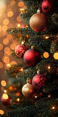 Wall Mural - Close-up of a beautifully decorated Christmas tree with glowing golden and red ornaments and festive lights creating a warm holiday spirit