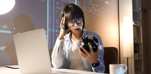 Sticker - Shocked female programmer with alarm clock in office at night