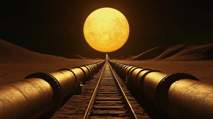 Poster - Long gas pipelines stretch into the horizon under a massive glowing sun in an industrial landscape. Generative AI