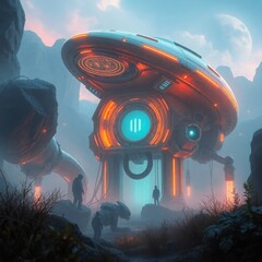 Wall Mural - generative ai futuristic outpost exploration: alien landscape discovery futuristic outpost alien lan
