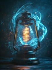 Aufkleber - Glowing gas lamp illuminating swirling blue light against dark background creating a mystical atmosphere. Generative AI