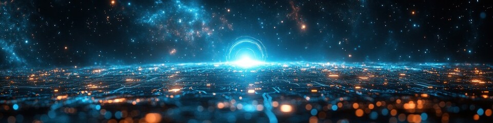 Digital Technology Abstract Art with Circuit Patterns, Blue Illumination, and Minimalist Design