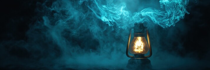 Poster - Illuminating glowing gas lamp surrounded by swirling mist for a captivating atmosphere at night. Generative AI